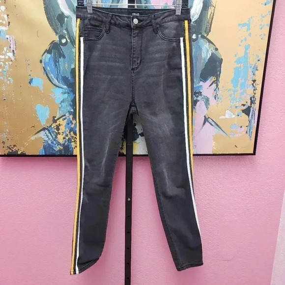 Cello Black/Gray Jeans w/Yellow and White Stripe - Picture 1 of 6